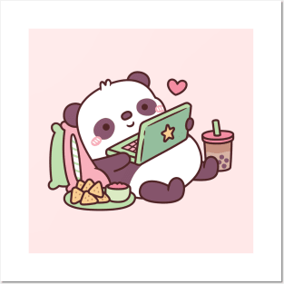 Cute Panda Chillin with Anime Chips and Bubble Tea Posters and Art